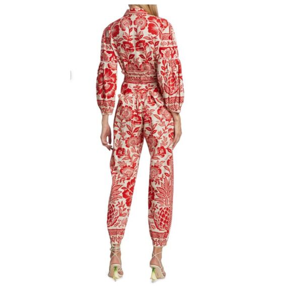 FARM Rio Pineapple Garden Floral-Print Linen-Blend Jumpsuit in Red & White Sz M - Picture 4 of 16